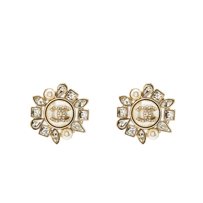 Chanel Giant Geometric CC Logo Earrings Pearl/Crystal Light Gold Tone