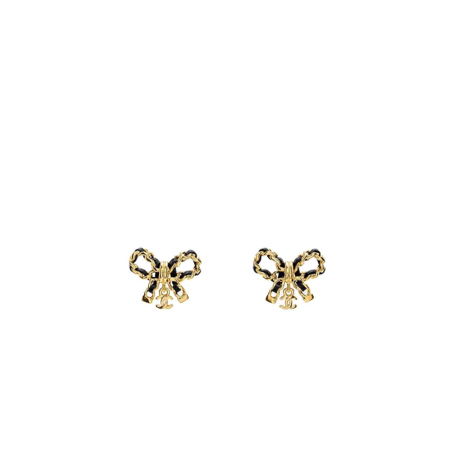 Chanel leather weave bow earrings black with gold tone