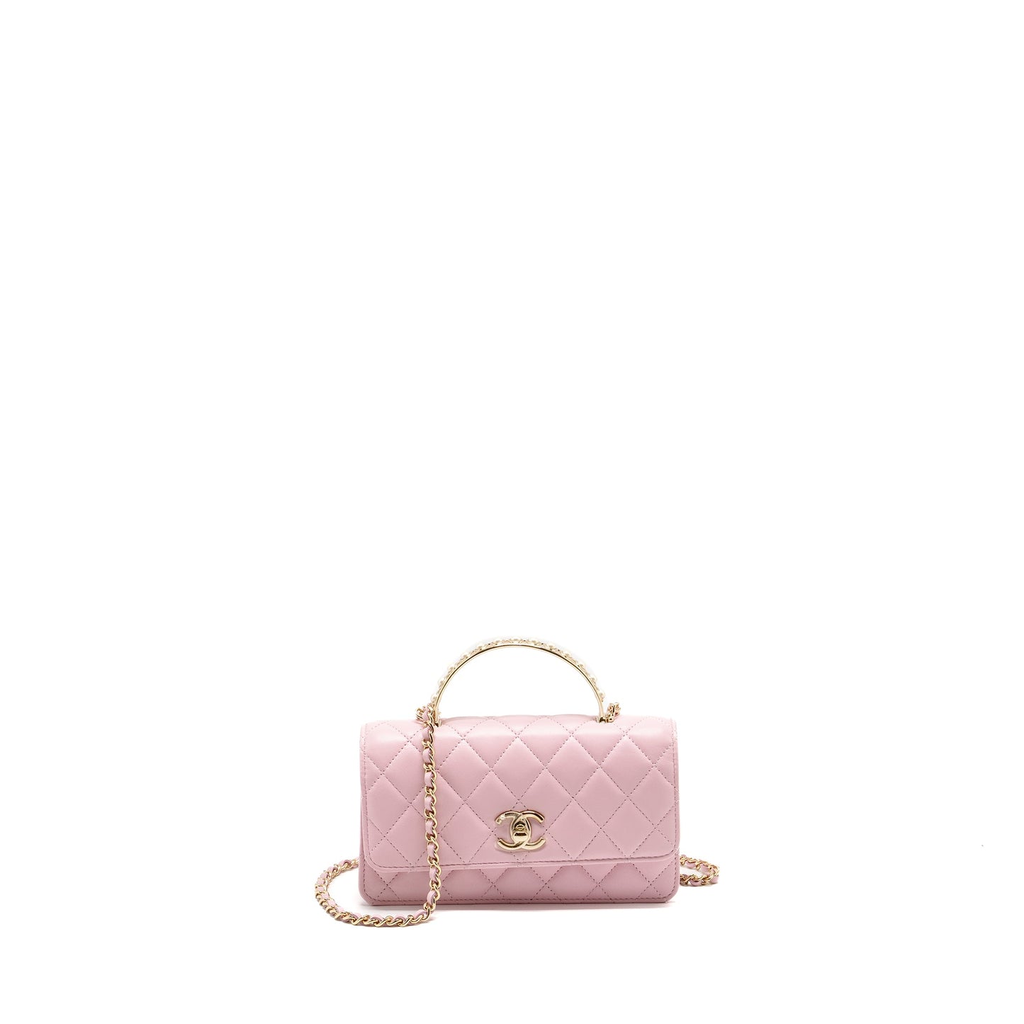 Chanel Pearl Detailed Top Handel Wallet On Chain Lambskin Pink L (Microchip)
