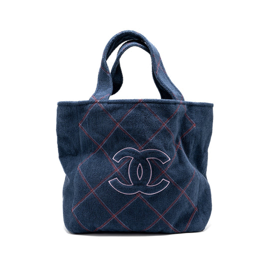 Chanel Coco Beach Tote Bag with Towel/Pouch Set Terry Cloth Navy