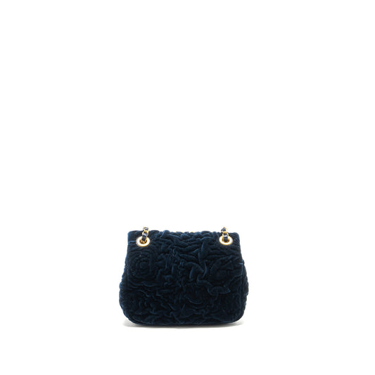 Chanel Camellia Embossed Mini Square Flap Bag Velvet Navy  (microchip)