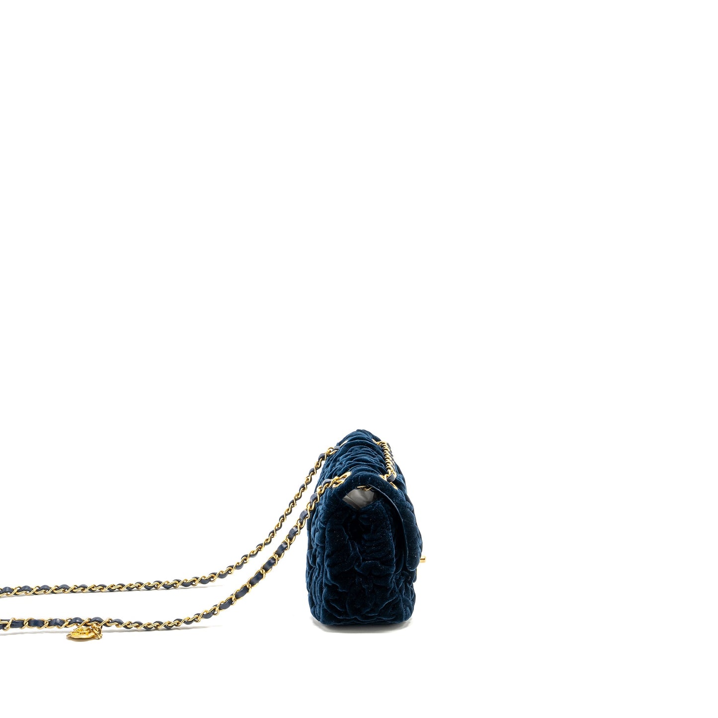 Chanel Camellia Embossed Mini Square Flap Bag Velvet Navy  (microchip)