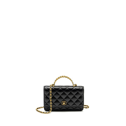 Chanel Letter Logo Top Handle Wallet On Chain Lambskin Black  (Microchip)