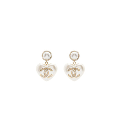 Chanel Heart Pearl Crystal CC Logo Earrings L