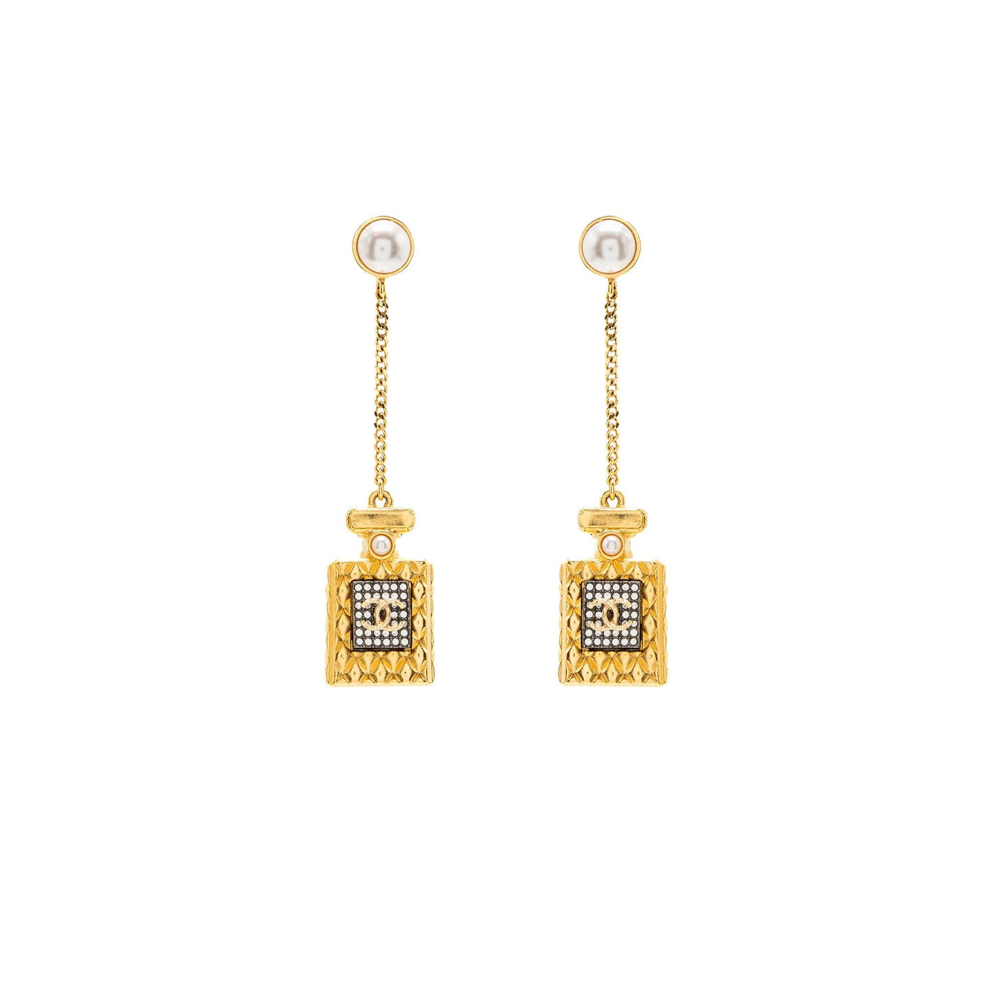 Chanel Perfume Bottle Drop Earrings Pearl/Crystal Gold Tone