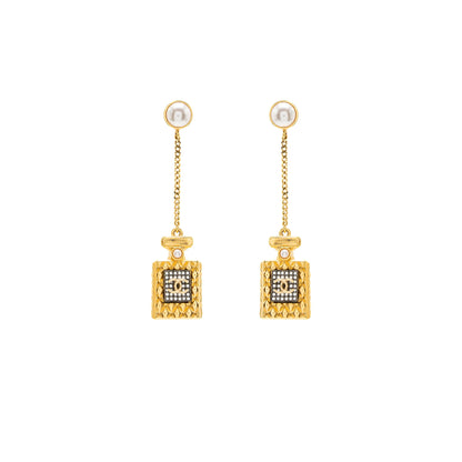 Chanel Perfume Bottle Drop Earrings Pearl/Crystal Gold Tone