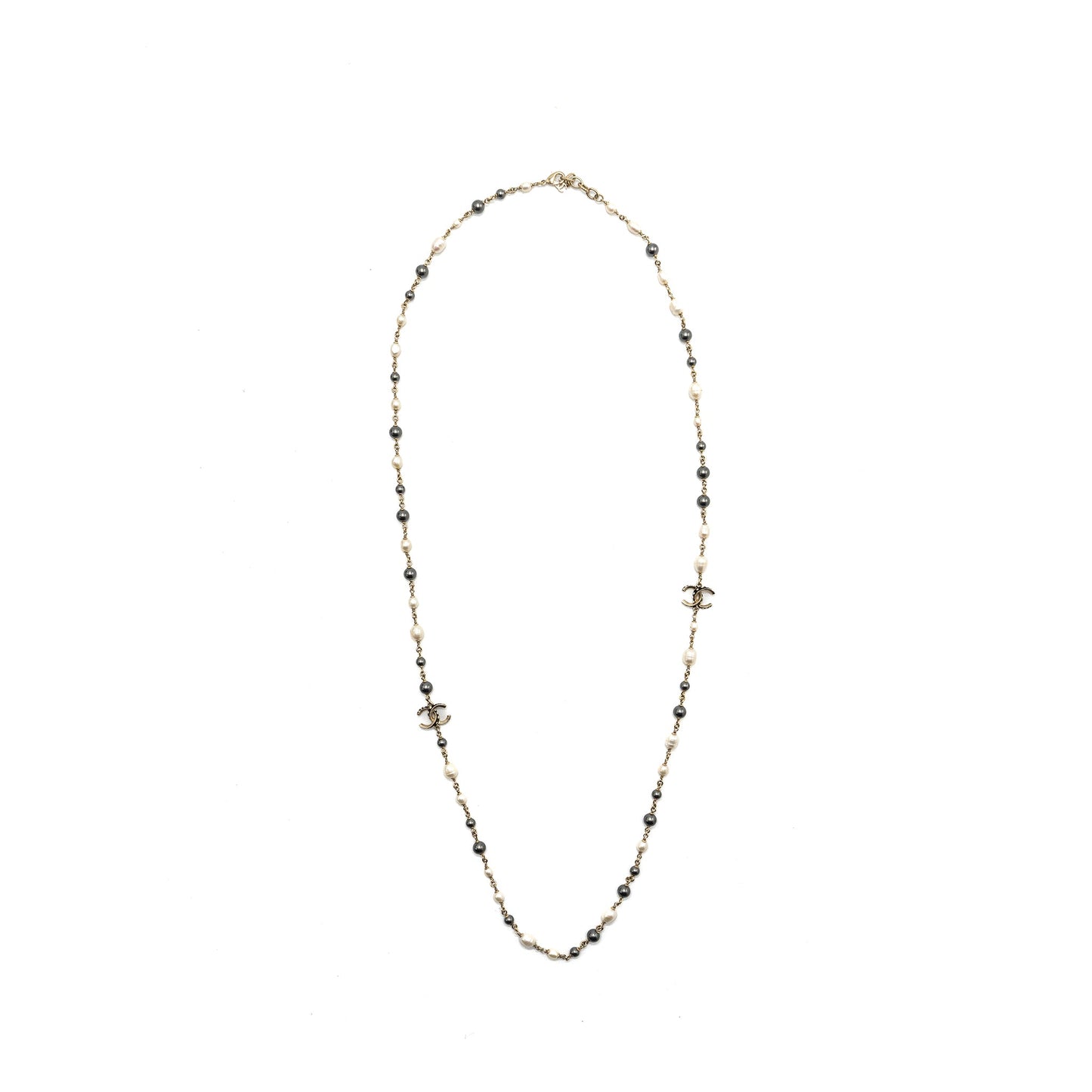 Chanel CC Logo Long Necklace with pearl light gold tone