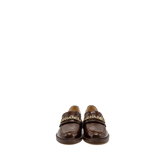 Chanel Size 40 Letter Logo Loafers Patent Calfskin Dark Brown L
