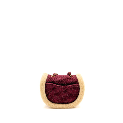 Chanel 22K Mini Messenger Flap Bag Shearling/Tweed Burgundy/Beige  (Microchip)