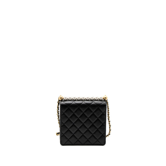 Chanel Square Pearl Flap Bag Lambskin Black Brushed