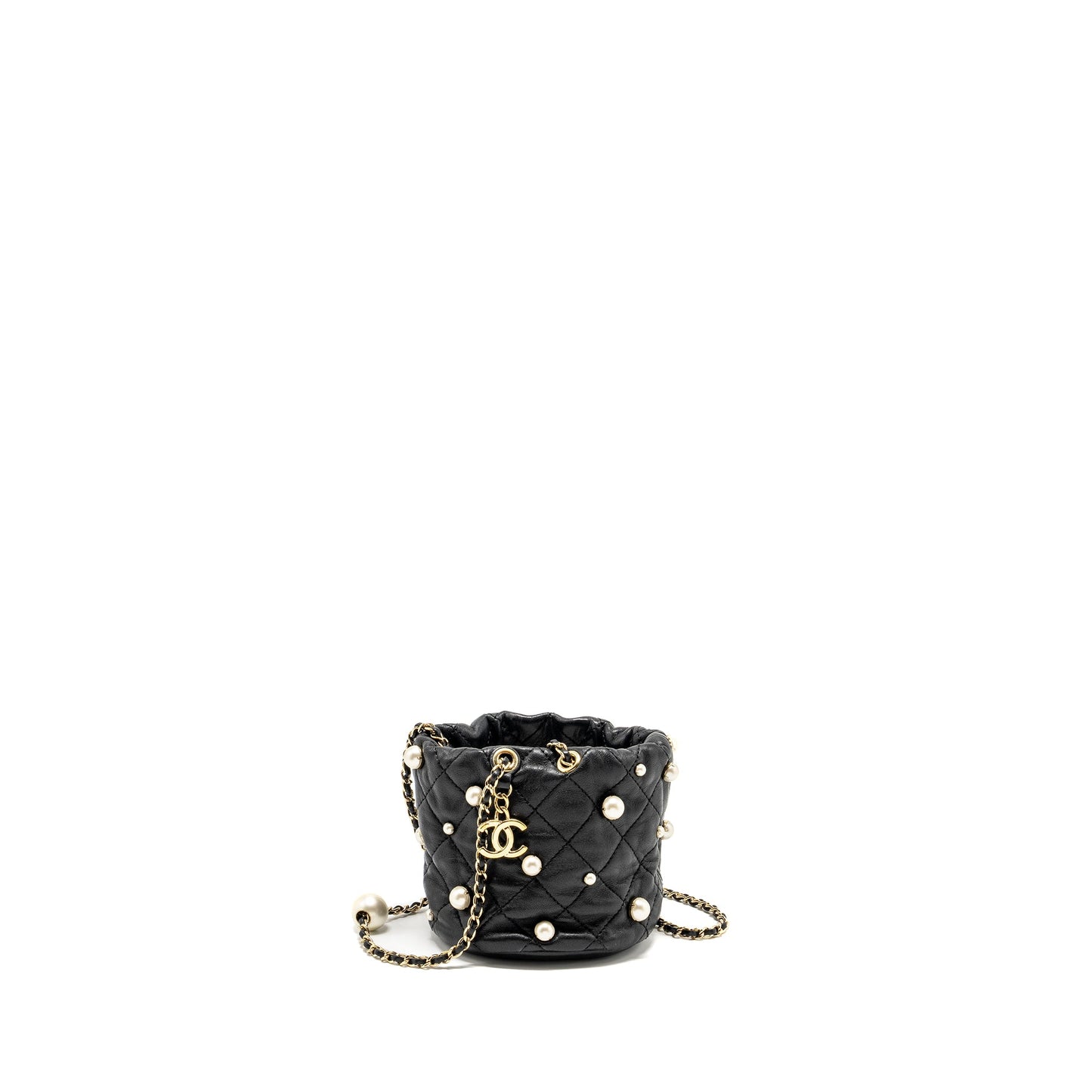 CHANEL 21S Quilted Mini About Pearls Bucket Bag Lambskin Black L