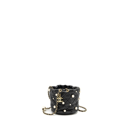 CHANEL 21S Quilted Mini About Pearls Bucket Bag Lambskin Black L