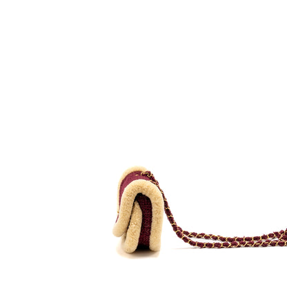 Chanel 22K Mini Messenger Flap Bag Shearling/Tweed Burgundy/Beige  (Microchip)