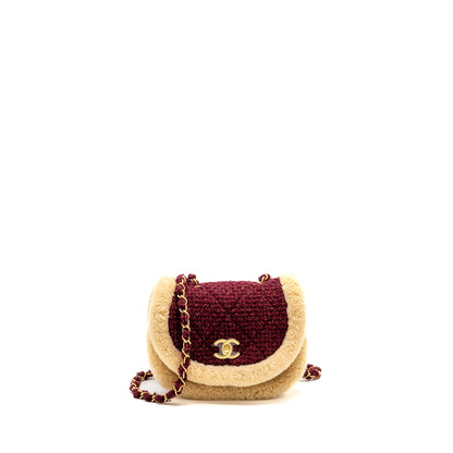 Chanel 22K Mini Messenger Flap Bag Shearling/Tweed Burgundy/Beige  (Microchip)