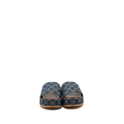 Gucci Size 38 Platform Slide Sandals GG Supreme Blue Denim