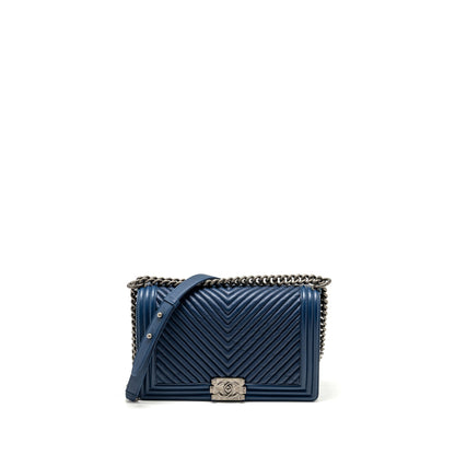 Chanel new medium boy bag chevron Lambskin blue ruthenium
