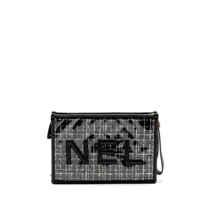 Chanel Letter Logo Clutch Bag Tweed PVC/Lambskin Black L