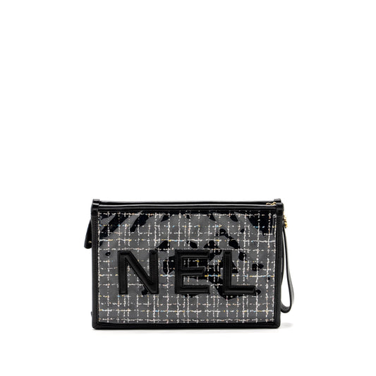 Chanel Letter Logo Clutch Bag Tweed PVC/Lambskin Black L
