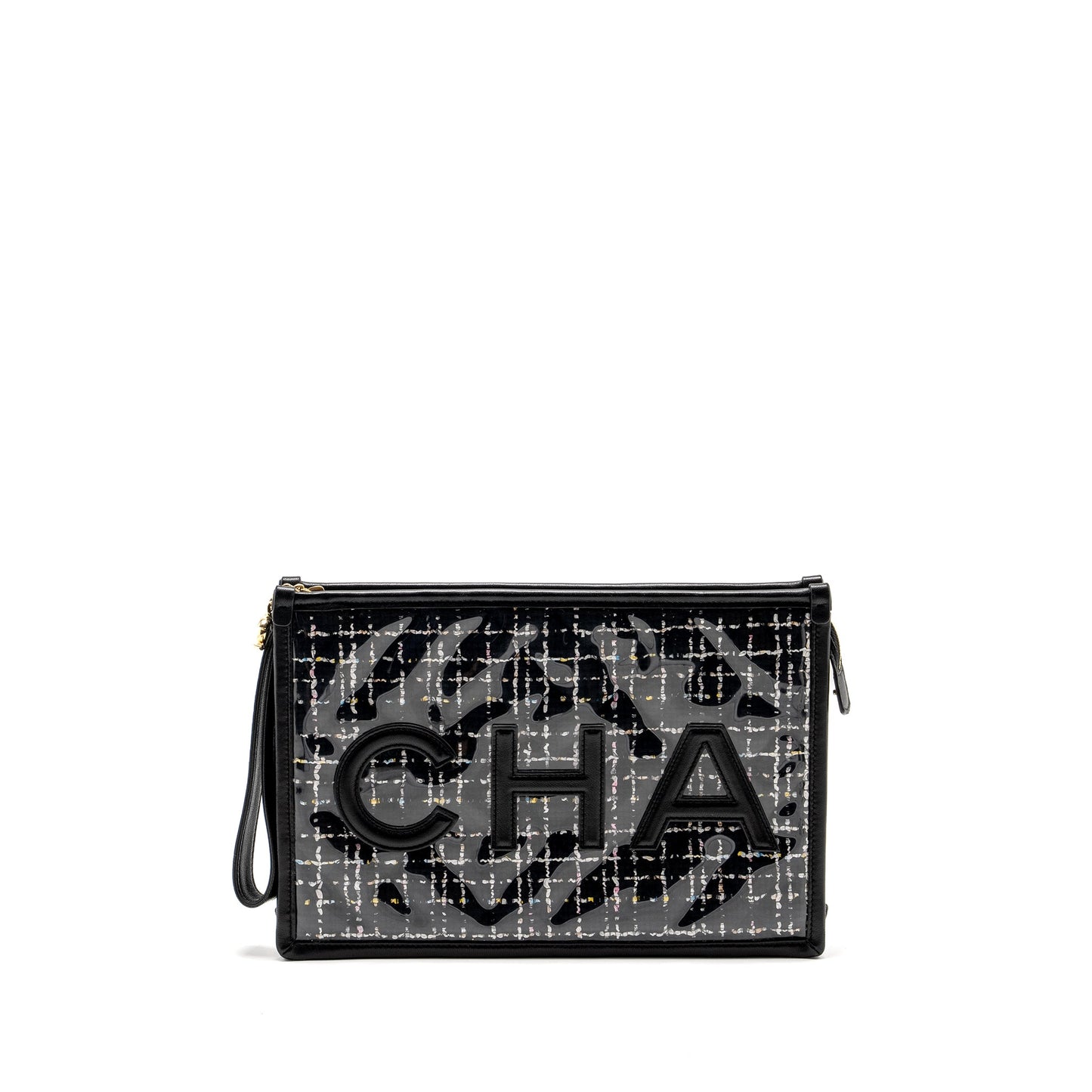 Chanel Letter Logo Clutch Bag Tweed PVC/Lambskin Black L
