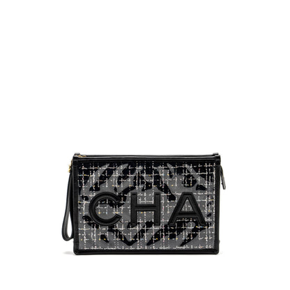 Chanel Letter Logo Clutch Bag Tweed PVC/Lambskin Black L