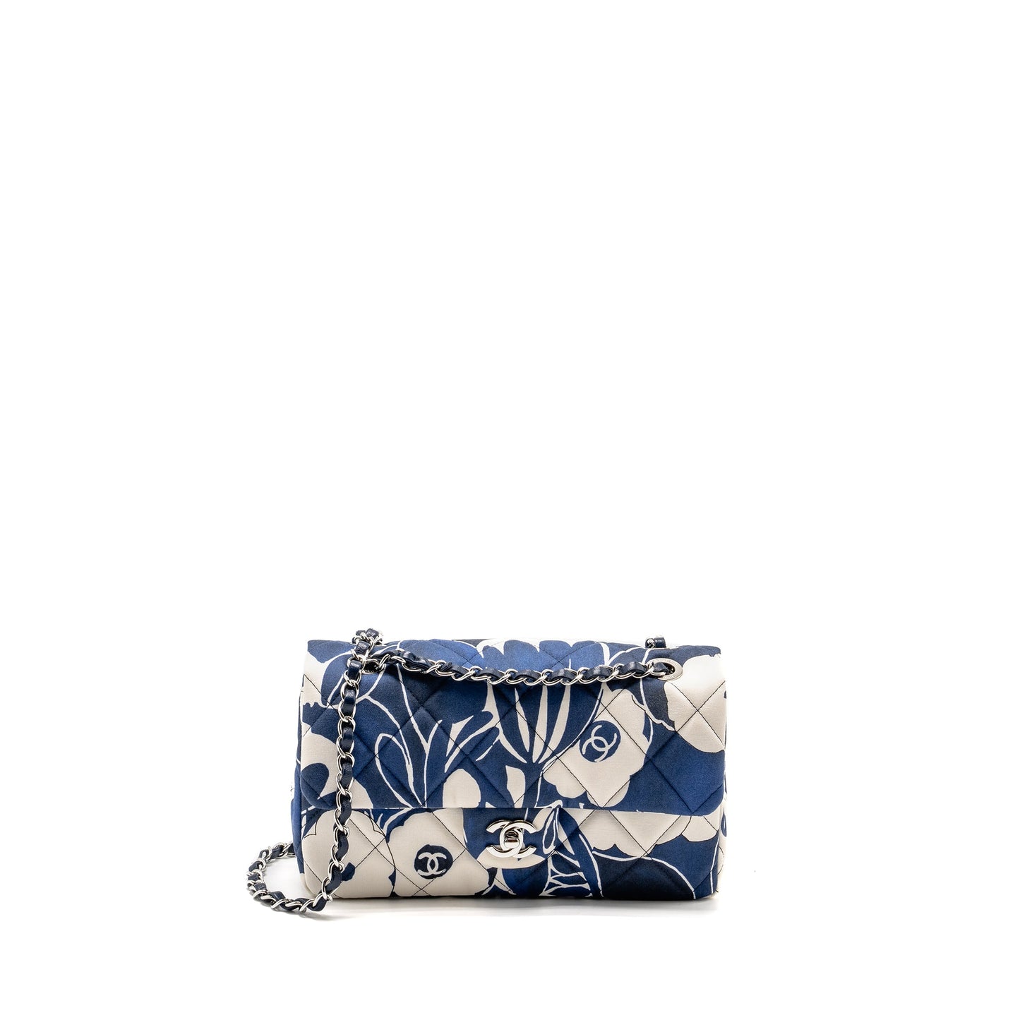 Chanel Medium Limited Edition Flora Printed Classic Flap Bag Silk Blue/WHITE  (Microchip)