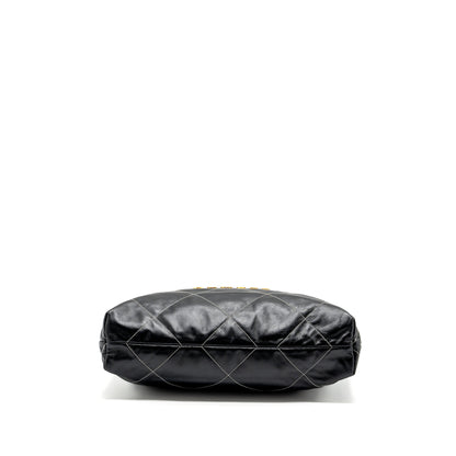 Chanel Medium 22 Bag Shiny Calfskin Black With White Stitching Gold Letter  (Microchip)