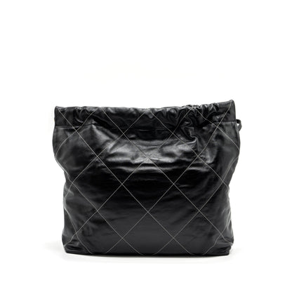 Chanel Medium 22 Bag Shiny Calfskin Black With White Stitching Gold Letter  (Microchip)