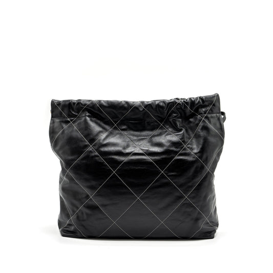 Chanel Medium 22 Bag Shiny Calfskin Black With White Stitching Gold Letter  (Microchip)