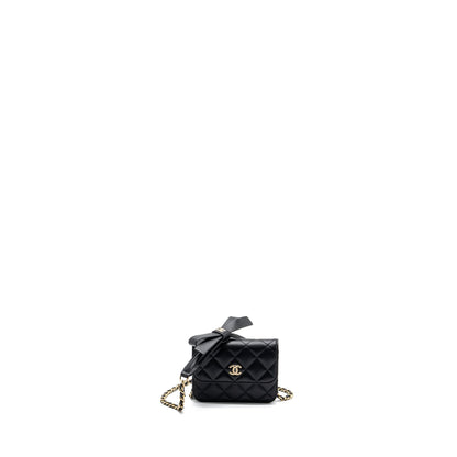 Chanel mini flap card holder with ribbon chain lambskin black L