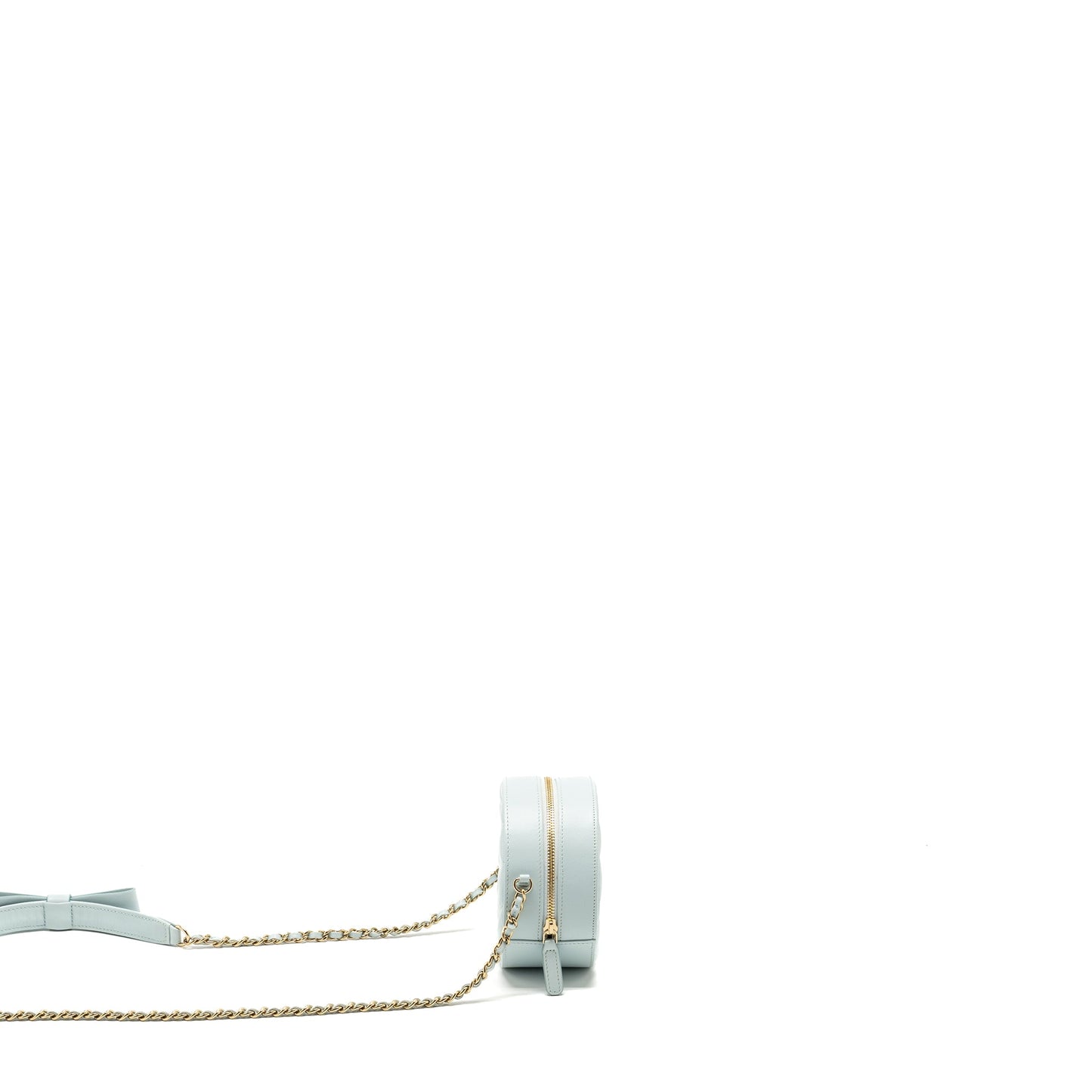 Chanel Mini Round Vanity With ribbon on chain Lambskin Light Blue L