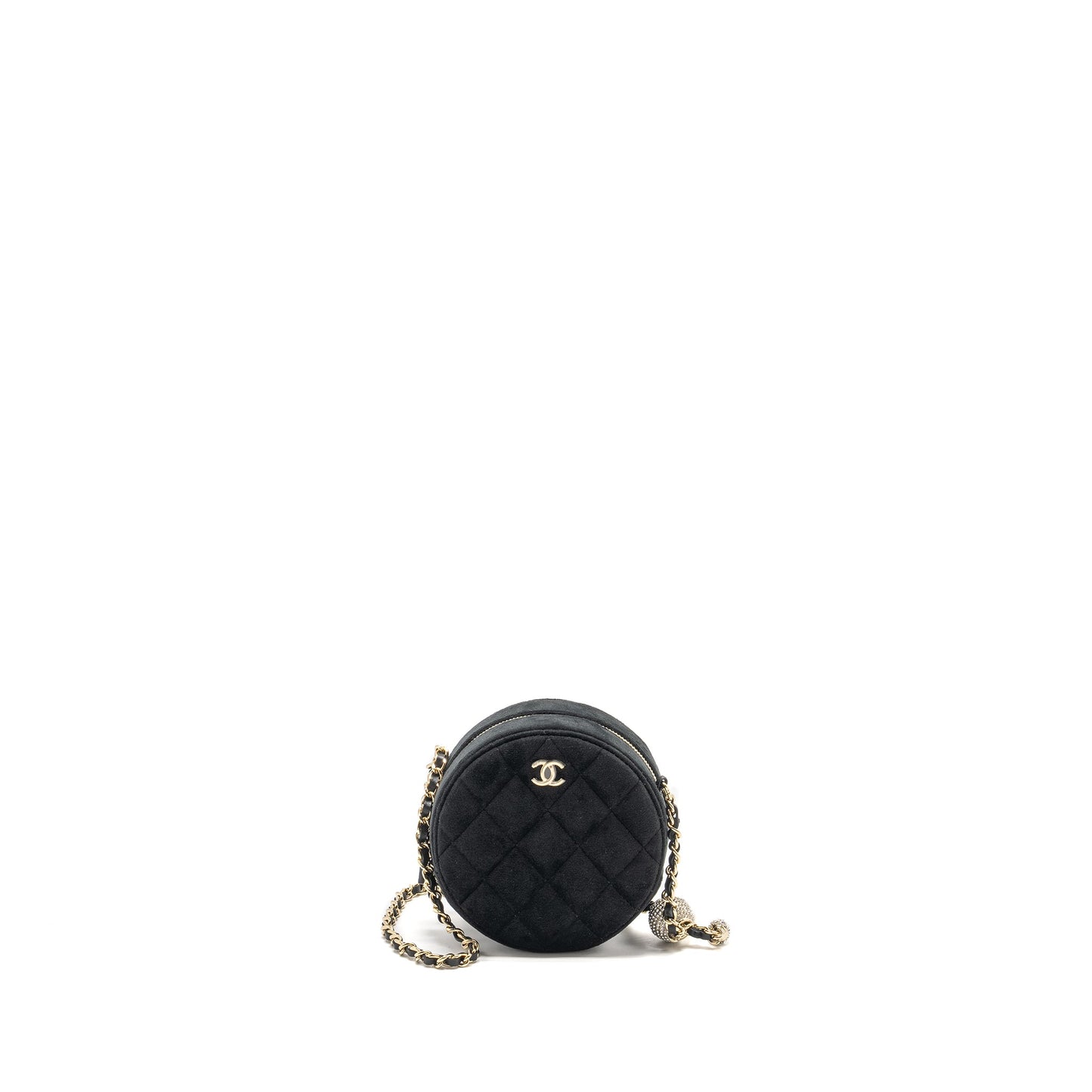 Chanel Pearl Crush Round Clutch Quilted Velvet Black L
