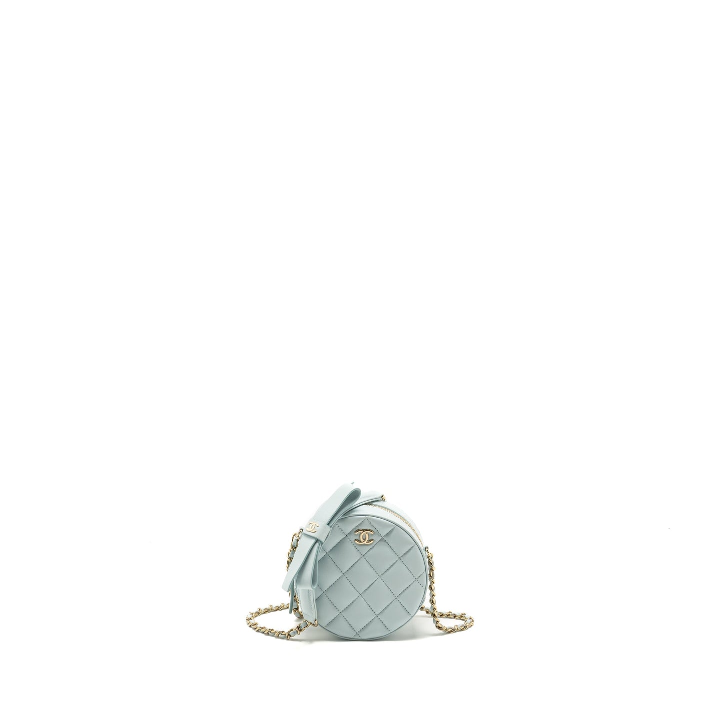 Chanel Mini Round Vanity With ribbon on chain Lambskin Light Blue L
