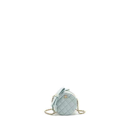 Chanel Mini Round Vanity With ribbon on chain Lambskin Light Blue L