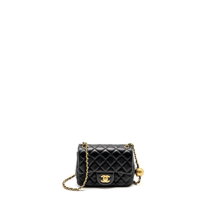 Chanel Pearl Crush Mini Square  Flap Bag Lambskin Black  (microchip)