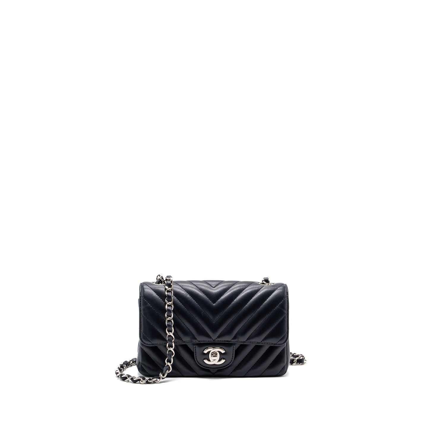 Chanel mini rectangular flap bag chevron lambskin navy