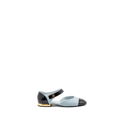 Chanel 21k Size 38 Ballerinas Flat Shoes Tweed/Patent Calfskin Light Blue/ Black