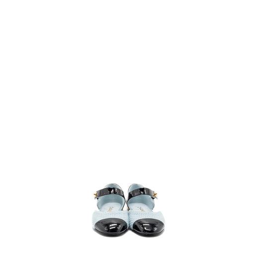 Chanel 21k Size 38 Ballerinas Flat Shoes Tweed/Patent Calfskin Light Blue/ Black