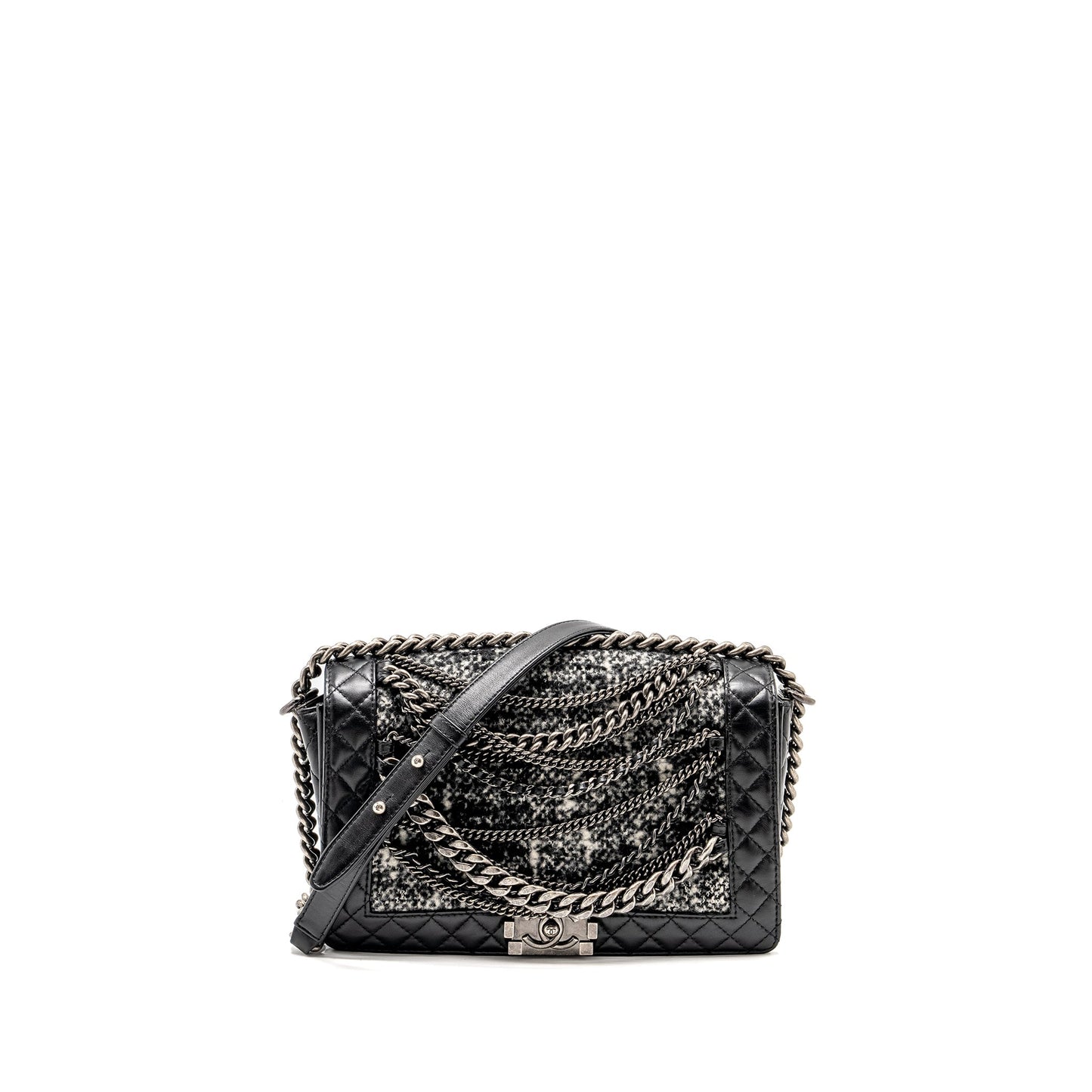 Chanel Multi Chain Boy Bag Calfskin/Tweed Black