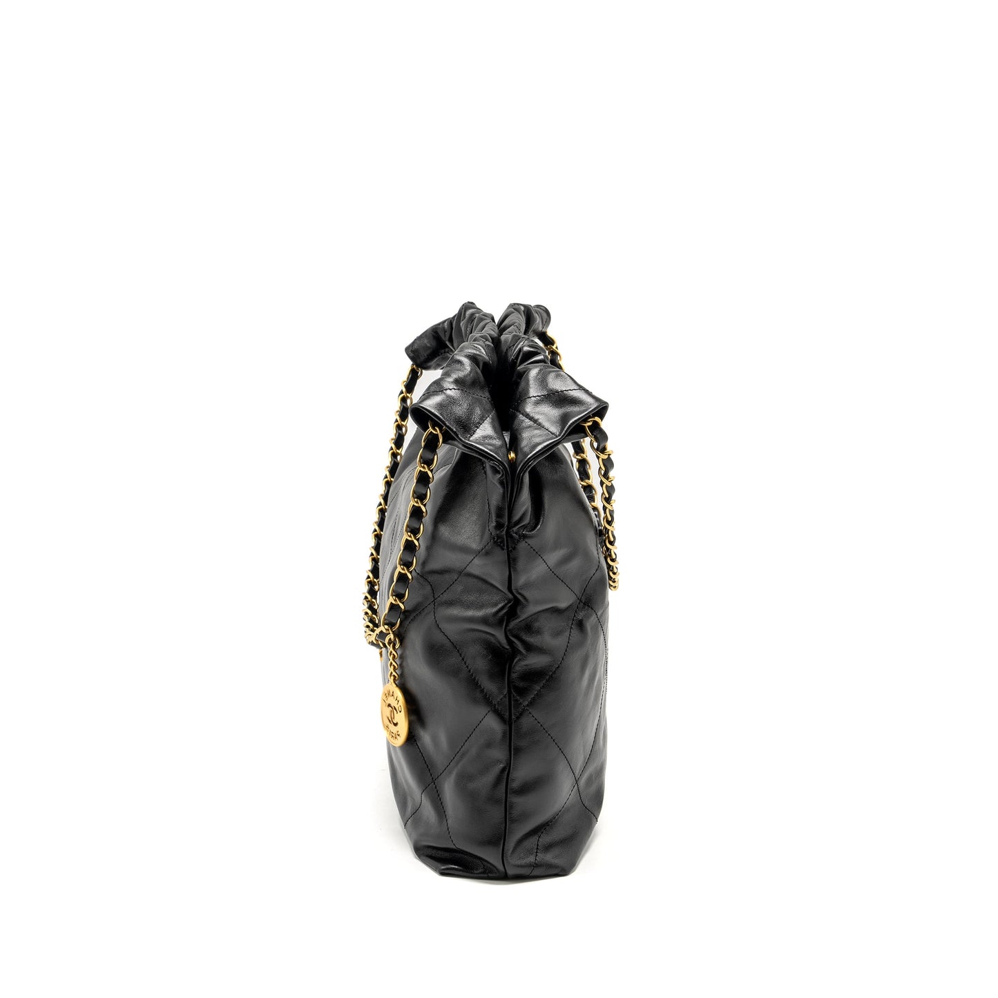 CHANEL Medium 22 Bag Gold Letter Shiny Calfskin Black  (Microchip)