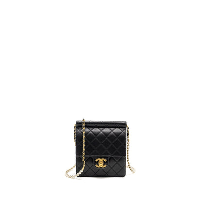 Chanel 19S Pearl Chain Quilted Vertical Flap Bag Lambskin Black