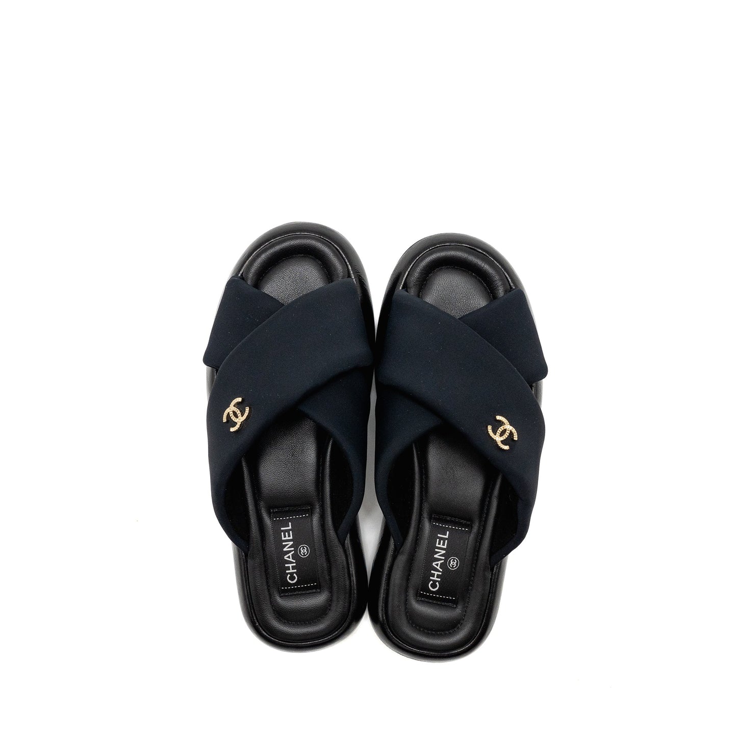 Chanel Size 38 CC Puffy Mule Sandals Fabric/Leather Black
