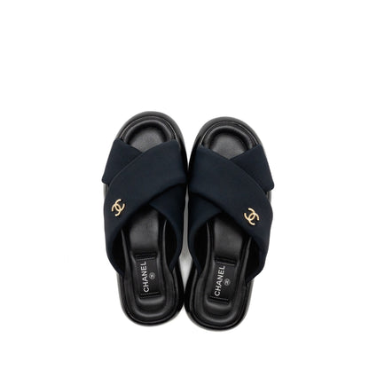 Chanel Size 38 CC Puffy Mule Sandals Fabric/Leather Black