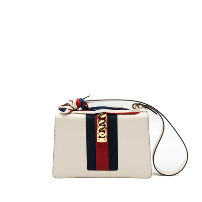 Gucci Sylvie Embroidered Shoulder Bag Calfskin White