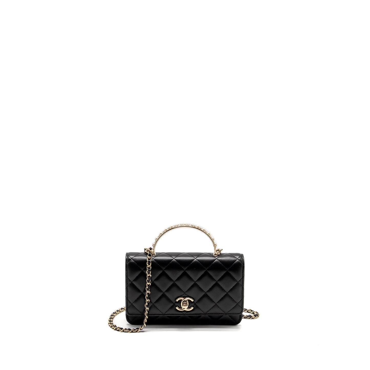 Chanel Pearl Detailed Top Handel Wallet On Chain Lambskin Black L (Microchip)
