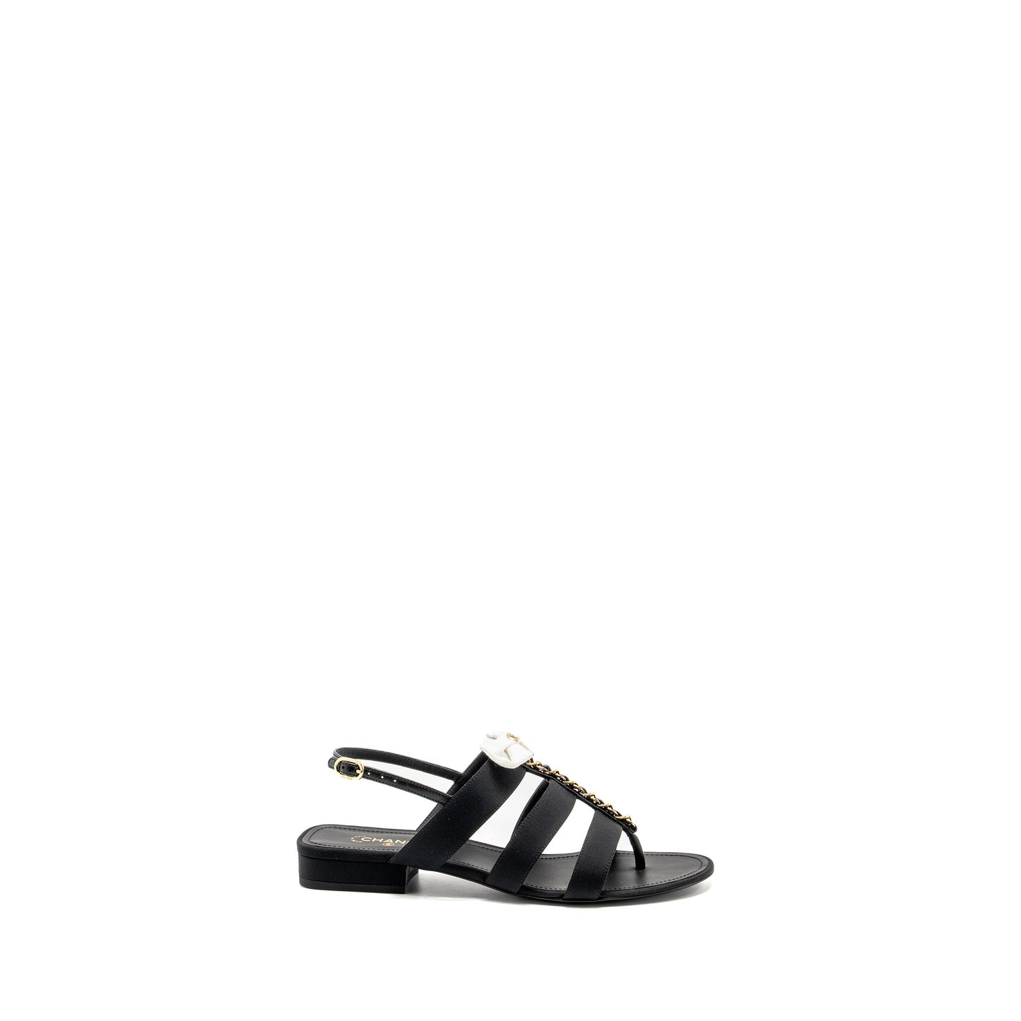 Chanel Size 39 21K Grosgrain Chain CC Logo With White Bow Sandals Black L