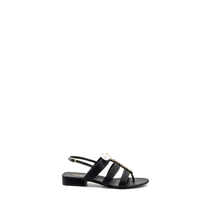 Chanel Size 39 21K Grosgrain Chain CC Logo With White Bow Sandals Black L