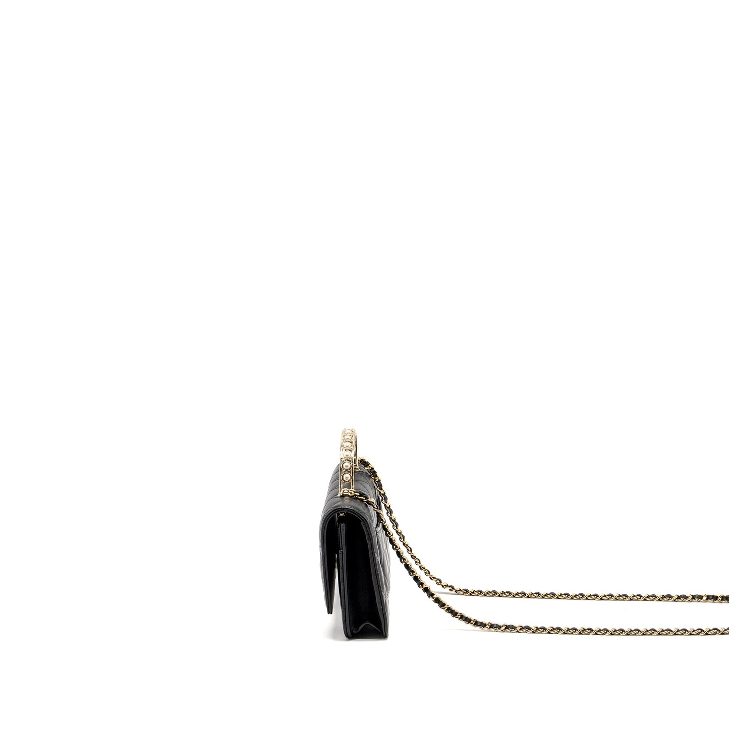 Chanel Pearl Detailed Top Handel Wallet On Chain Lambskin Black L (Microchip)