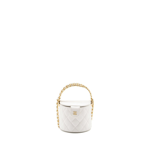 Chanel top handle round vanity with chain lambskin white  (microchip)