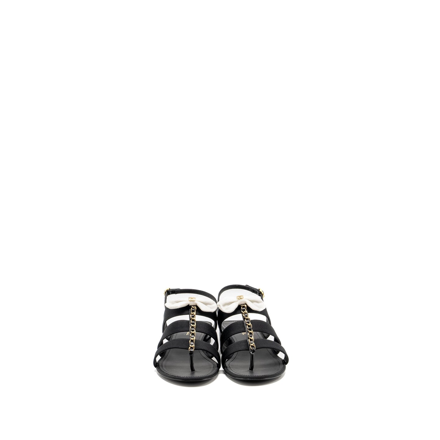 Chanel Size 39 21K Grosgrain Chain CC Logo With White Bow Sandals Black L