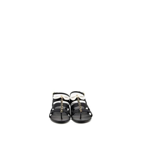 Chanel Size 39 21K Grosgrain Chain CC Logo With White Bow Sandals Black L